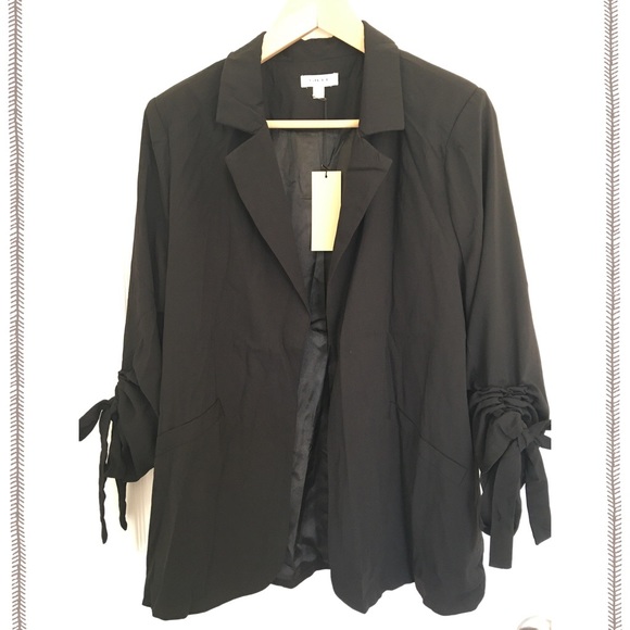 Black Bow Cinch Sleeve Open Front Blazer Jacket NWT - Picture 7 of 7